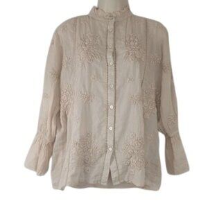 Kyla Seo Innis Button Up Blouse Natural Khaki Handmade Yarn Floral Embroidery S
